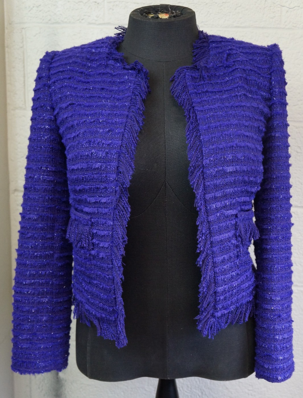 L'Agence Angelina Tweed Blazer Deep Violet Purple Fringe Metallic Knit Jacket 8